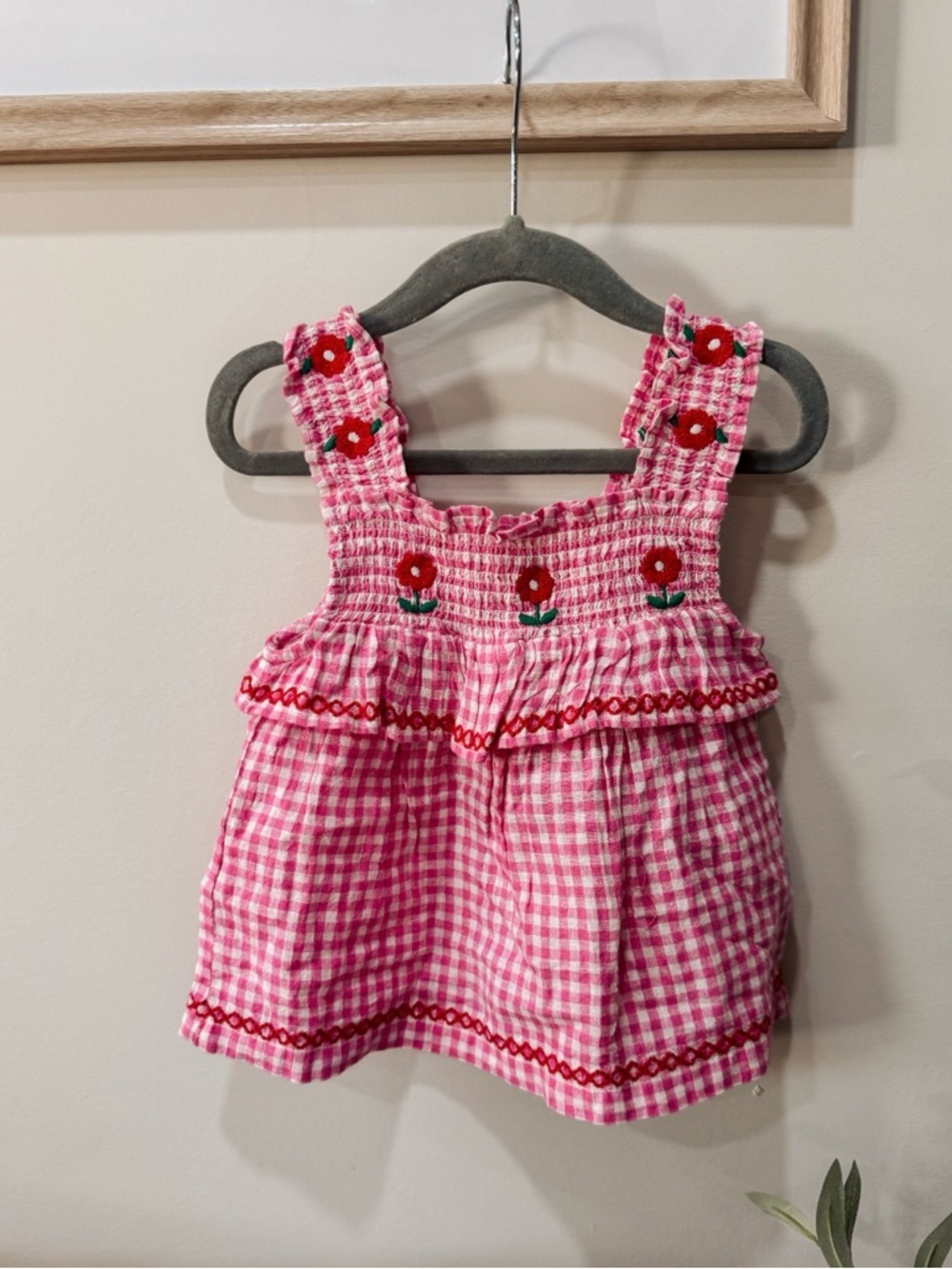 Mini Boden Pink Gingham Top with Floral Embroidery NWT